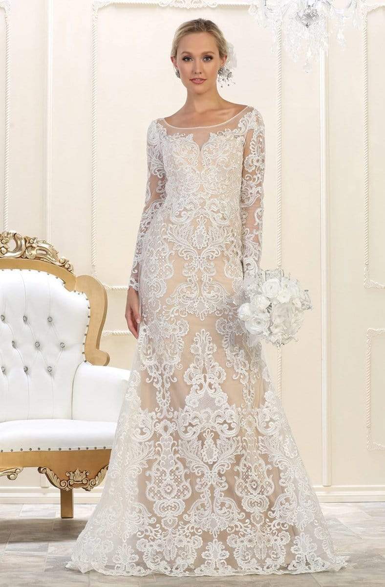 May Queen - RQ7603 Embroidered Long Sleeve Bateau Trumpet Dress
