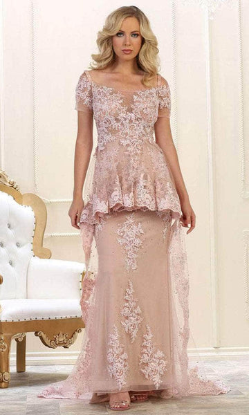 A-line Short Sleeves Sleeves Off the Shoulder Lace Embroidered Beaded Peplum Open-Back Sheer Natural Waistline Floor Length Evening Dress with a Brush/Sweep Train With Ruffles
