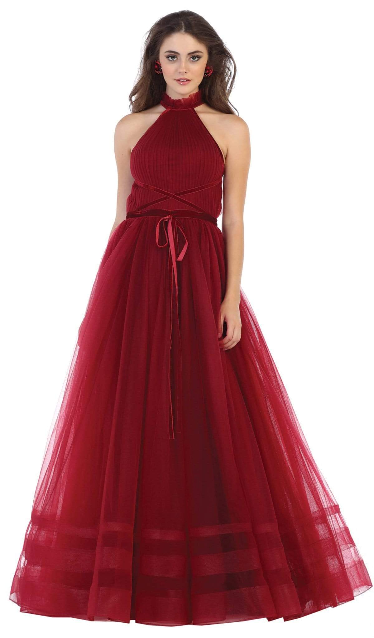 May Queen - RQ7669 High Neck Pleated A-Line Evening Gown