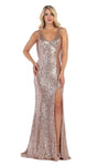 V-neck Sheath Cowl Neck Natural Waistline Back Zipper Slit Draped Sequined Sleeveless Sheath Dress with a Brush/Sweep Train