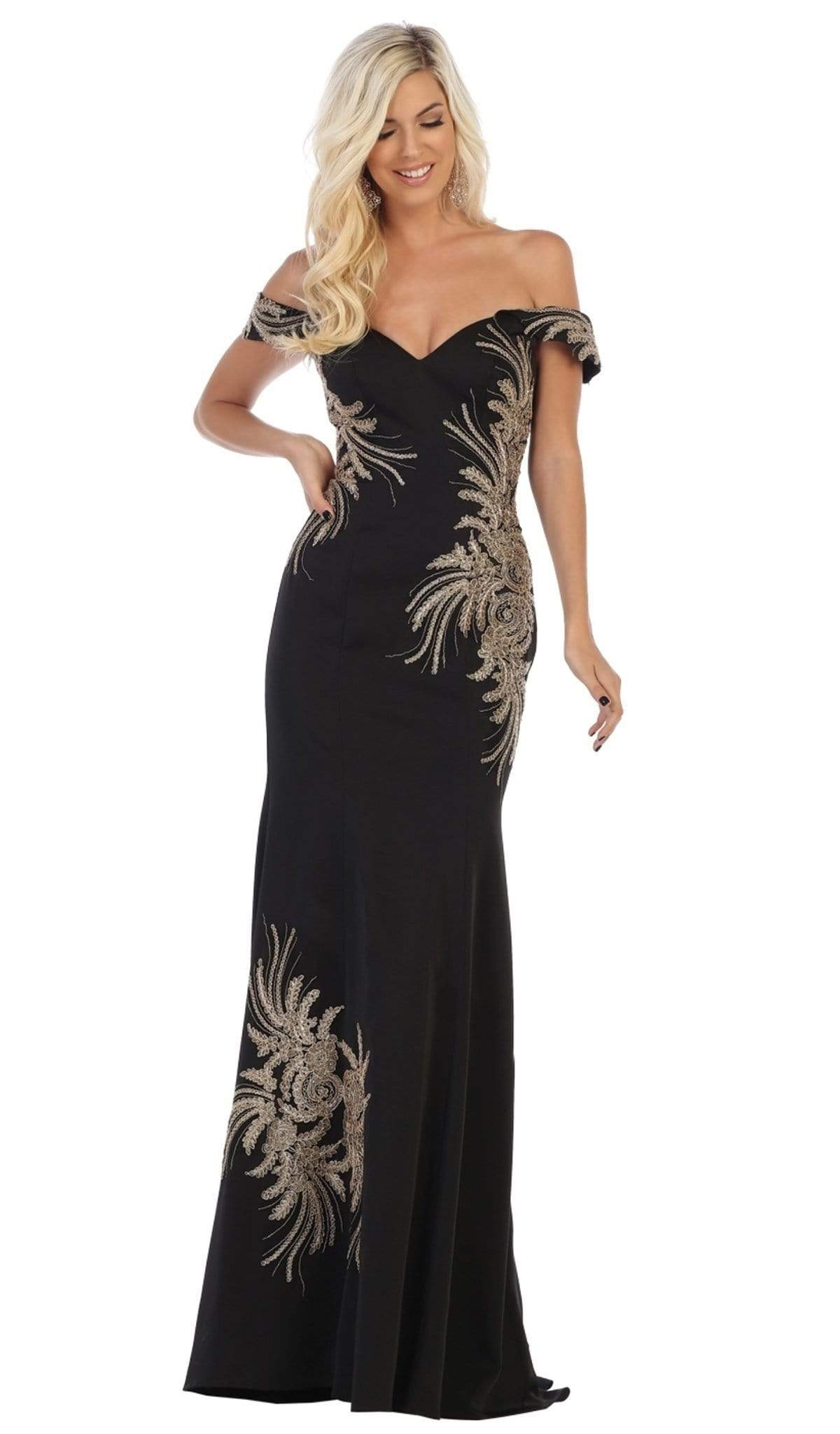 May Queen - RQ7712 Embellished Off-Shoulder Trumpet Dress