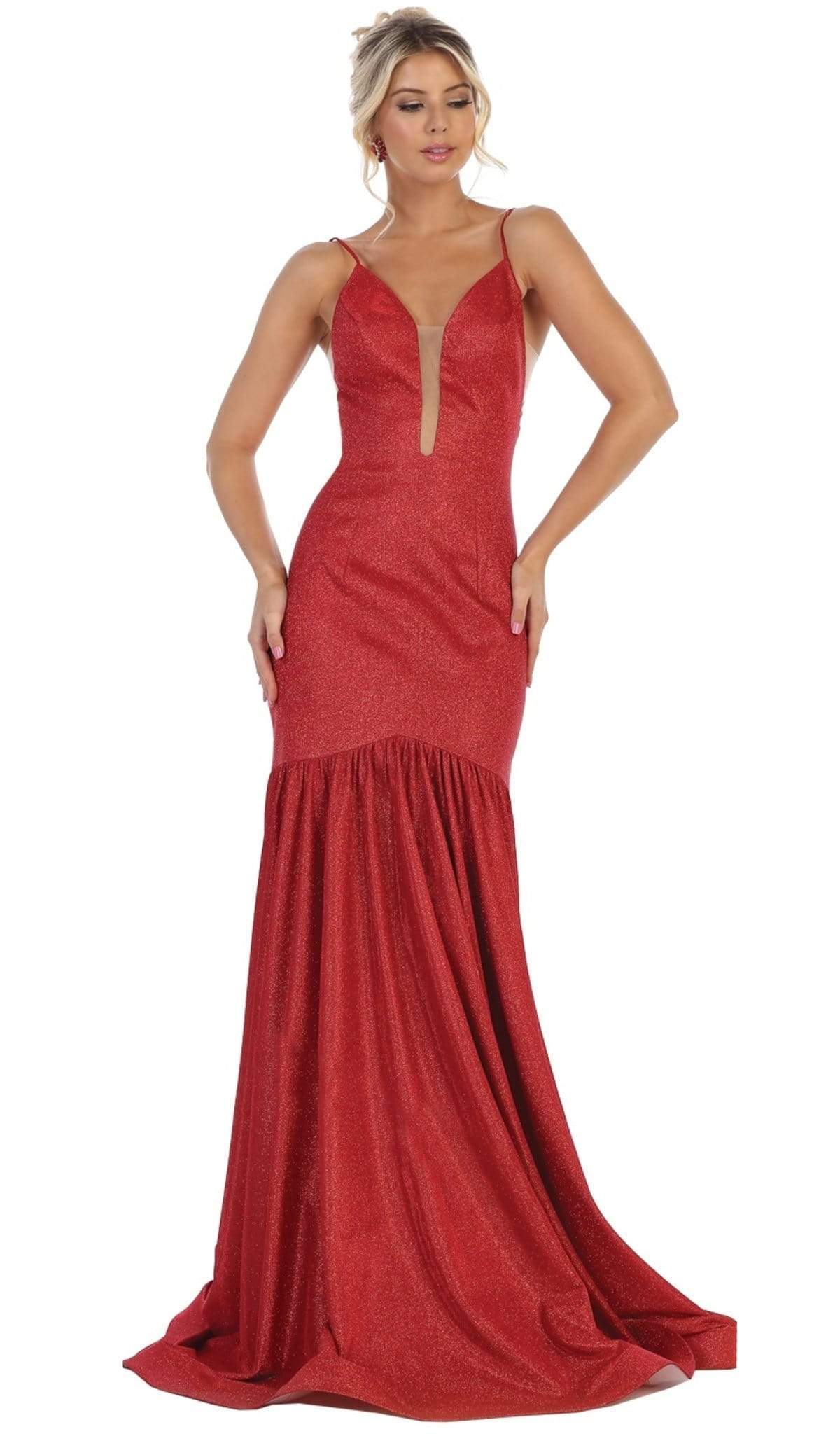 May Queen - RQ7725 Plunging V-Neck Fitted Trumpet Gown