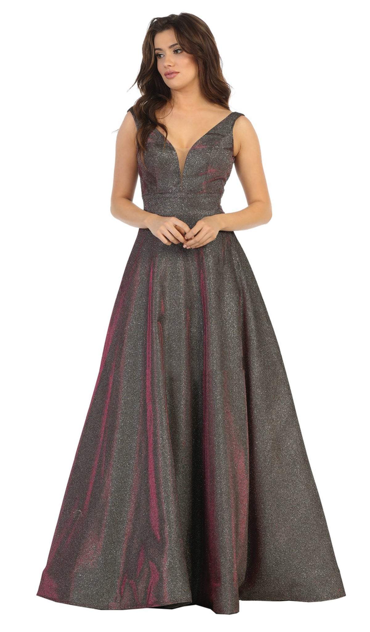 May Queen - RQ7755 Plunging V-Neck A-Line Evening Dress