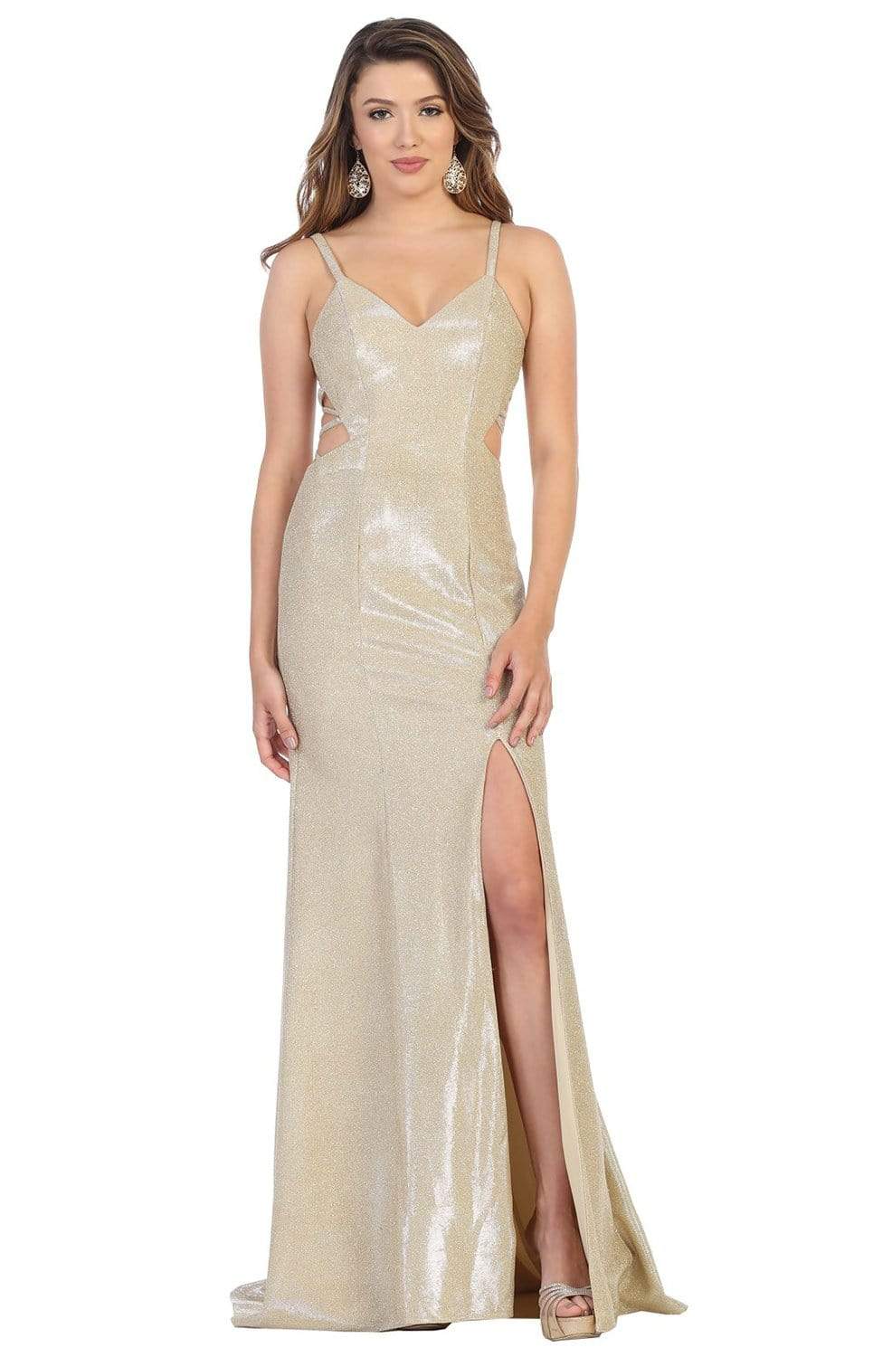 May Queen - RQ7776 Strappy V-Neck Sheath Gown with Slit