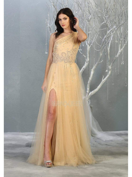 A-line One Shoulder Sleeveless Floor Length Natural Waistline Fitted Slit Pleated Ruched Beaded Asymmetric Dress