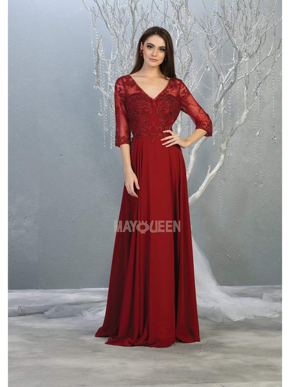 May Queen - RQ7820 Bead Embellished V-Neck A-Line Dress