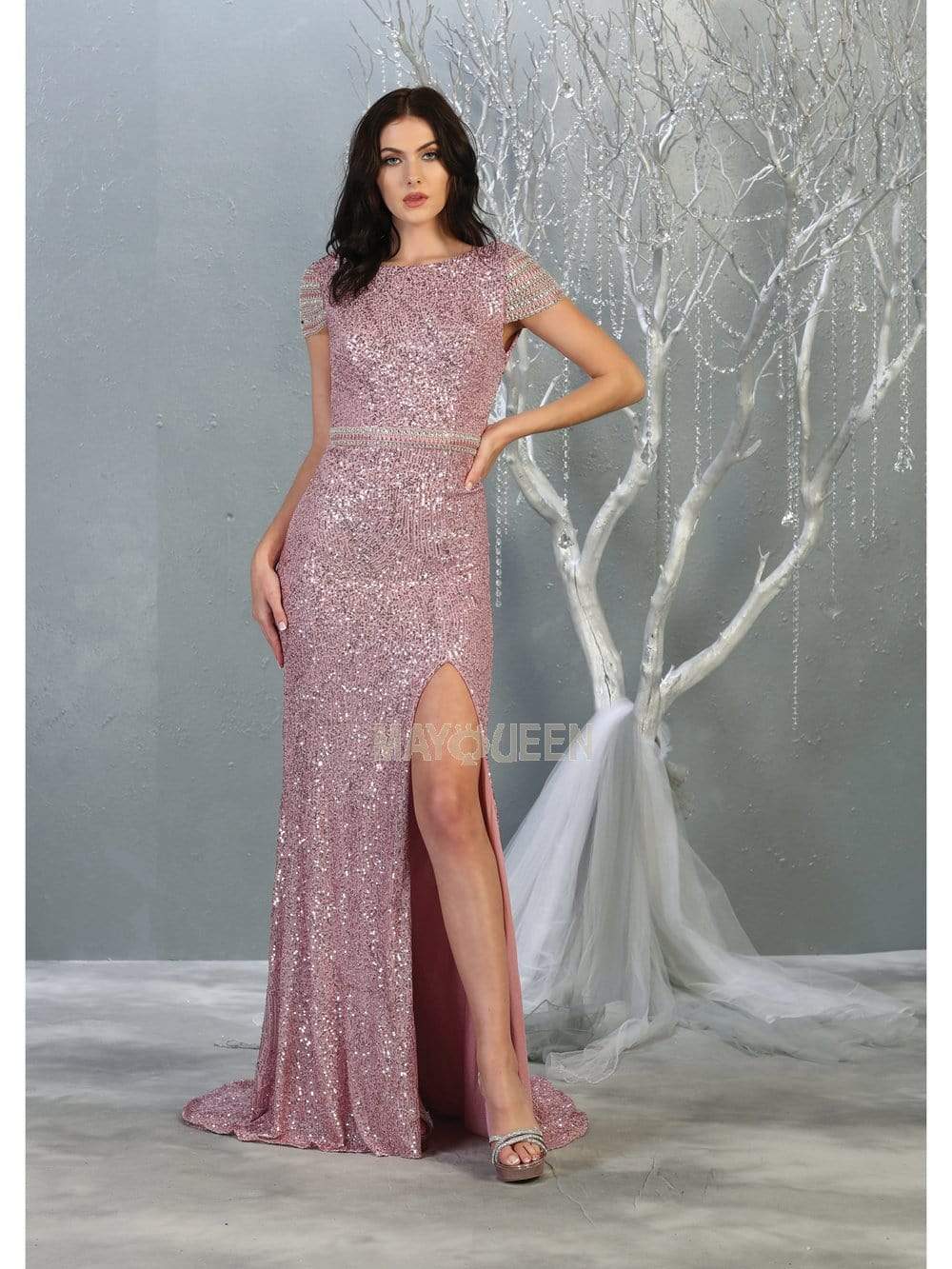 May Queen - RQ7848 Bateau Evening Gown with Slit
