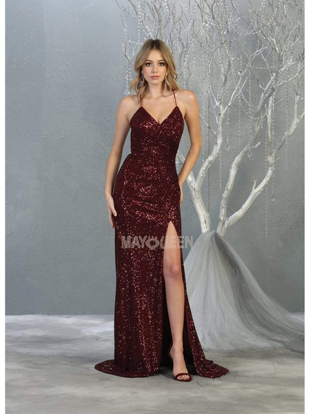 Sexy V-neck Sheath Sleeveless Spaghetti Strap Floor Length Natural Waistline Ruched Open-Back Slit Sequined Fitted Sheath Dress/Party Dress with a Brush/Sweep Train