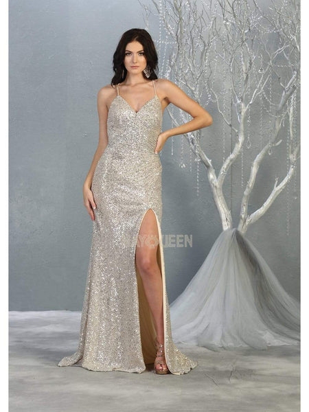 Sexy V-neck Fitted Open-Back Slit Ruched Sequined Sleeveless Spaghetti Strap Sheath Floor Length Natural Waistline Sheath Dress/Party Dress with a Brush/Sweep Train