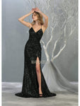 Sexy V-neck Ruched Open-Back Slit Fitted Sequined Sheath Floor Length Sleeveless Spaghetti Strap Natural Waistline Sheath Dress/Party Dress with a Brush/Sweep Train