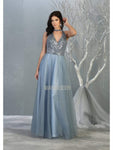 A-line Halter Floor Length Tulle Fitted Beaded Pleated Open-Back Cutout Fall Natural Waistline Sleeveless Dress