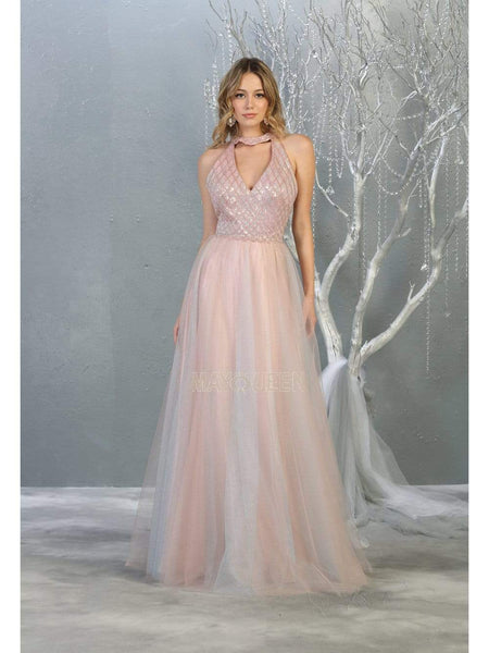 A-line Natural Waistline Tulle Halter Fitted Cutout Beaded Open-Back Pleated Fall Floor Length Sleeveless Dress