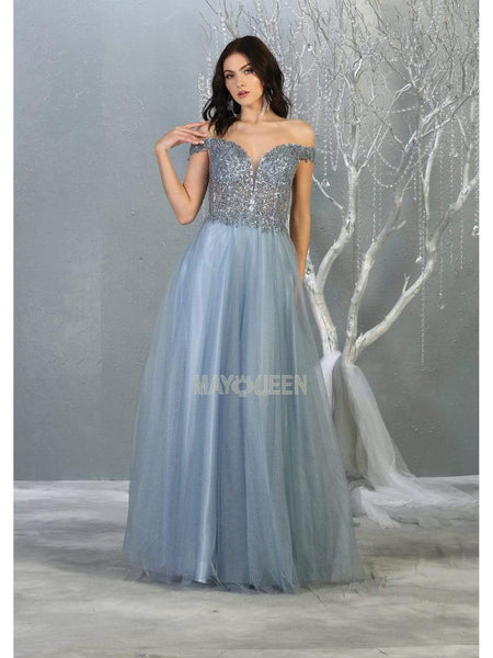 A-line Off the Shoulder Plunging Neck Sequined Pleated Sheer Fall Floor Length Tulle Natural Waistline Evening Dress