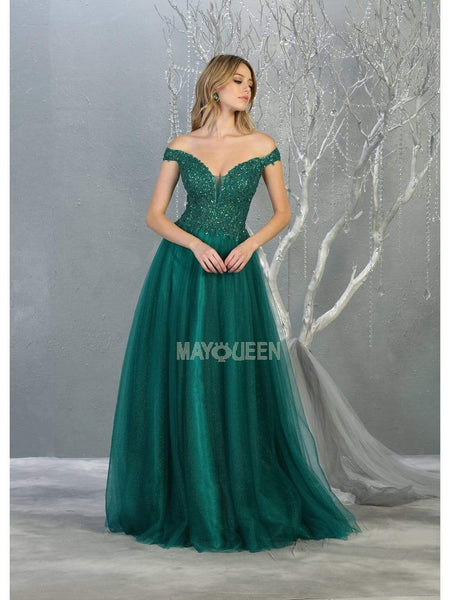 A-line Natural Waistline Tulle Sheer Sequined Pleated Off the Shoulder Floor Length Plunging Neck Fall Evening Dress