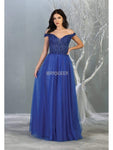 A-line Natural Waistline Floor Length Plunging Neck Sequined Sheer Pleated Off the Shoulder Tulle Fall Evening Dress