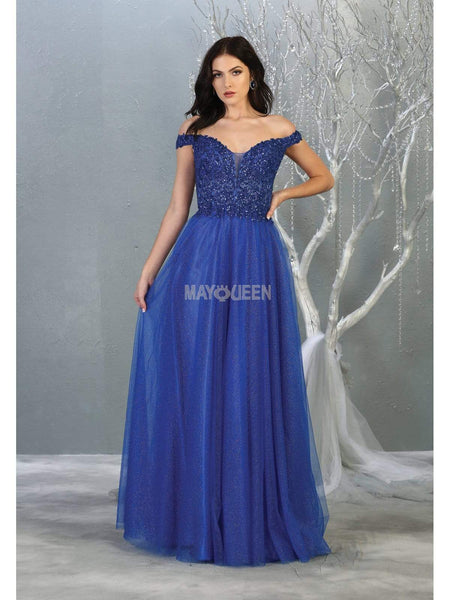 A-line Tulle Floor Length Fall Natural Waistline Off the Shoulder Sheer Sequined Pleated Plunging Neck Evening Dress