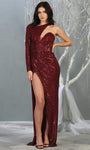 Sexy Natural Waistline Floor Length Sheath Long Sleeves One Shoulder Notched Collar Plunging Neck Sweetheart Asymmetric Sheer Fitted Sequined Back Zipper Slit Sheath Dress with a Brush/Sweep Train