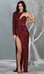 Sexy Sheath Natural Waistline Notched Collar Plunging Neck Sweetheart Floor Length Long Sleeves One Shoulder Slit Back Zipper Sheer Fitted Sequined Asymmetric Sheath Dress with a Brush/Sweep Train