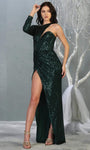 Sexy Natural Waistline Floor Length Long Sleeves One Shoulder Sheath Notched Collar Plunging Neck Sweetheart Asymmetric Back Zipper Sequined Fitted Sheer Slit Sheath Dress with a Brush/Sweep Train