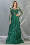 A-line Natural Waistline Long Sleeves Embroidered Sheer Fitted Jeweled Neck Floor Length Dress with a Brush/Sweep Train
