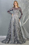 A-line Long Sleeves Natural Waistline Floor Length Embroidered Sheer Fitted Jeweled Neck Dress with a Brush/Sweep Train