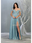 Sexy A-line Banding Pleated Sheer Slit Open-Back Fitted Back Zipper Floor Length Off the Shoulder Plunging Neck Natural Waistline Evening Dress