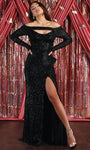 Plunging Neck Cocktail Sheath Natural Waistline Long Sleeves Off the Shoulder Pleated Fitted Cutout Back Zipper Sequined Gathered Slit Sheath Dress/Evening Dress/Homecoming Dress/Bridesmaid Dress/Prom