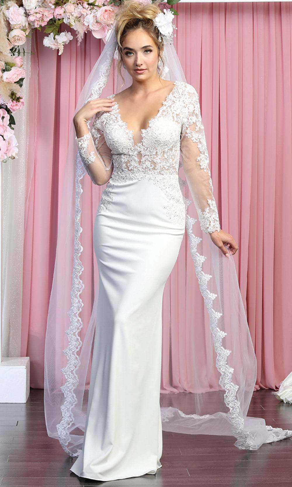 May Queen RQ7901 - Long Sleeves Low-cut V-neck Wedding Gown
