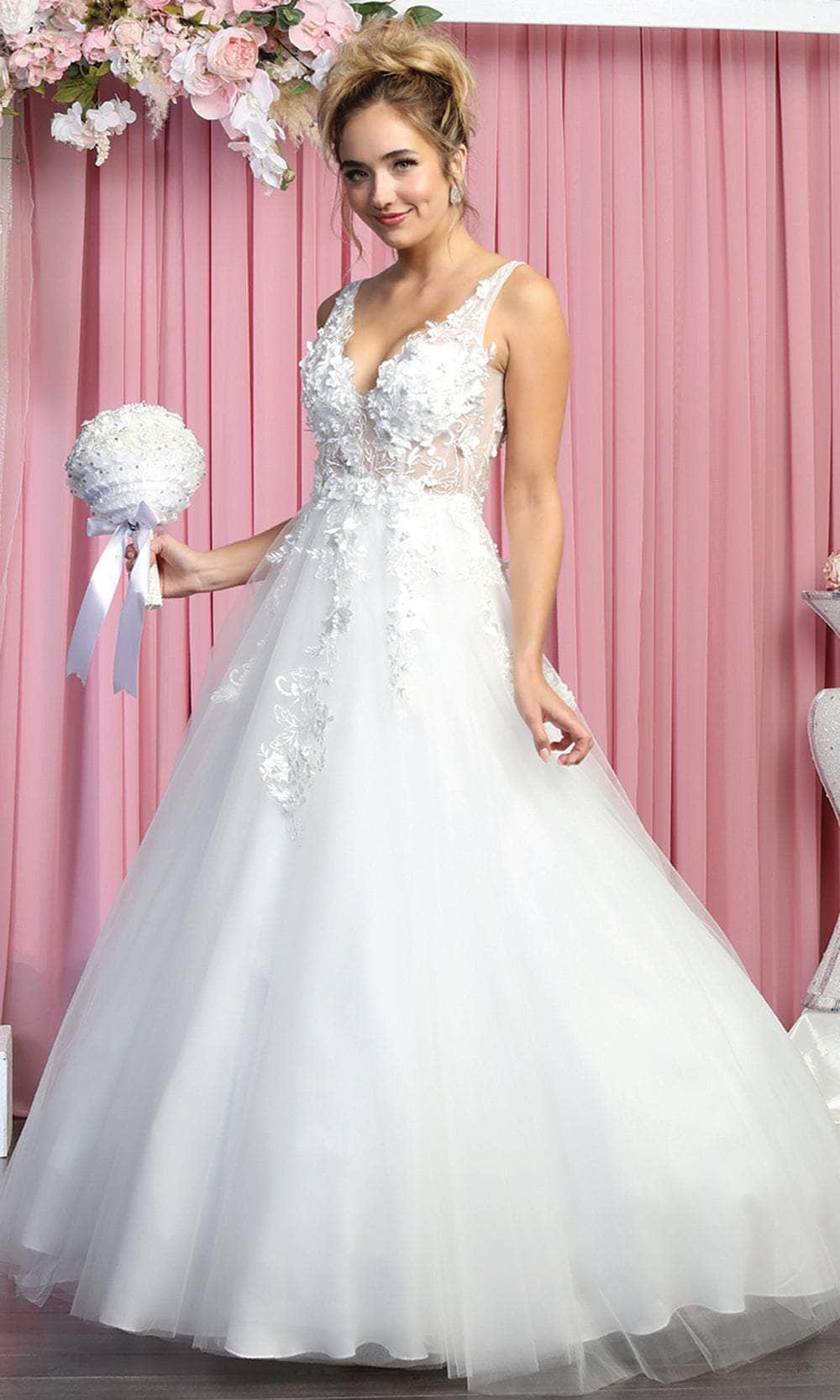 May Queen RQ7902 - Sleeveless Plunging V-Neckline Wedding Gown
