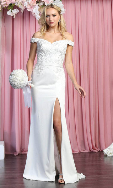 Sexy Sweetheart Cap Sleeves Off the Shoulder Lace Floor Length Sheath Applique Open-Back Wrap Fitted Slit Sheer Back Natural Waistline Sheath Dress/Wedding Dress with a Brush/Sweep Train