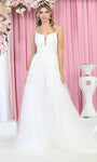 A-line V-neck Natural Waistline Sleeveless Spaghetti Strap Open-Back Sheer Self Tie Lace-Up Floor Length Wedding Dress with a Brush/Sweep Train