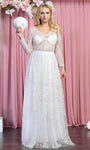 A-line V-neck Back Zipper Sheer Gathered Beaded Natural Waistline Lace Long Sleeves Cocktail Floor Length Homecoming Dress/Bridesmaid Dress/Prom Dress/Wedding Dress