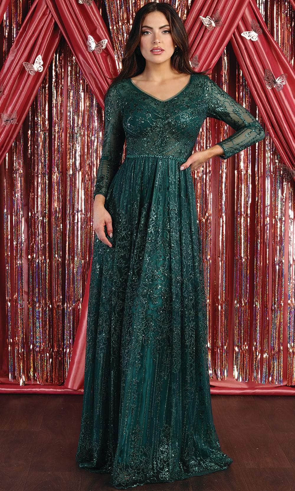 May Queen RQ7920 - Ornated Sheer Bodice Long Sleeve A Line Dress