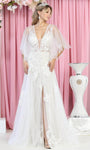A-line V-neck Sheer Embroidered Tiered Slit Natural Waistline Bell Sleeves Floral Print Wedding Dress with a Brush/Sweep Train