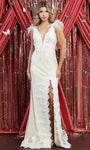 V-neck Natural Waistline Lace Sheath Embroidered Slit Sheer Back Zipper Plunging Neck Sheath Dress