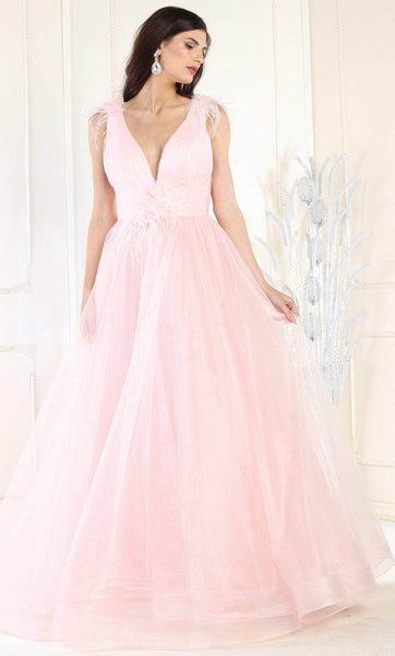 A-line V-neck Sleeveless Plunging Neck Natural Waistline Back Zipper Open-Back Ball Gown Evening Dress with a Brush/Sweep Train