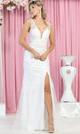 Sexy V-neck Open-Back Slit Embroidered Illusion Floor Length Natural Waistline Plunging Neck Sleeveless Sheath Lace Sheath Dress/Wedding Dress With Rhinestones