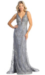 Tall Sheath Embroidered Hidden Back Zipper Illusion Beaded V Back Open-Back Sequined Metallic Natural Waistline Sheath Dress/Evening Dress with a Brush/Sweep Train