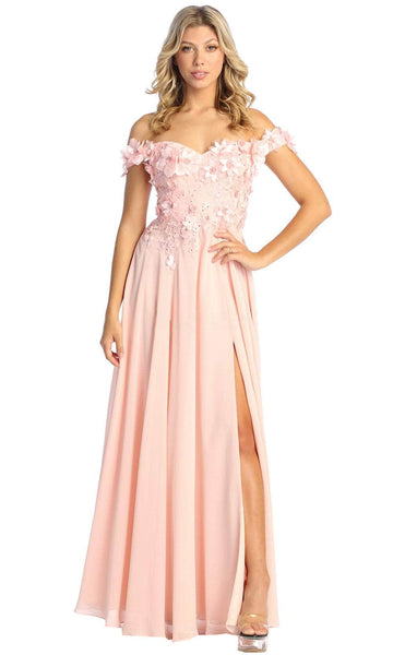 A-line Open-Back Applique Pleated Slit Lace-Up Beaded Floral Print Natural Waistline Floor Length Sweetheart Cap Sleeves Off the Shoulder Prom Dress