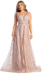 Sophisticated A-line V-neck Natural Waistline Tulle Glittering V Back Sheer Floor Length Sleeveless Striped Print Evening Dress with a Brush/Sweep Train