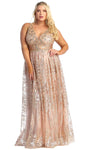 Tall A-line Scoop Neck Metallic Natural Waistline Illusion Sheer Back Zipper Embroidered Evening Dress