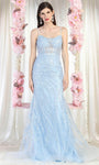 A-line Open-Back Sheer Beaded Embroidered Sleeveless Spaghetti Strap Natural Waistline Evening Dress with a Brush/Sweep Train