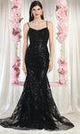 A-line Beaded Sheer Embroidered Open-Back Sleeveless Spaghetti Strap Natural Waistline Evening Dress with a Brush/Sweep Train