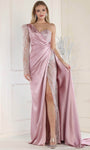 Sexy Sweetheart Sheath Long Sleeves One Shoulder Natural Waistline Ruched Fitted Slit Beaded Floor Length Sheath Dress/Evening Dress/Prom Dress with a Brush/Sweep Train