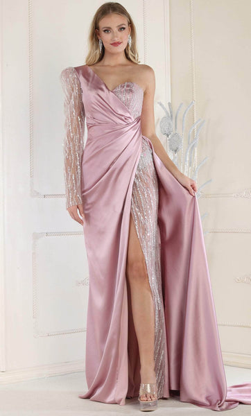 Sexy Sheath Natural Waistline Fitted Beaded Slit Ruched Long Sleeves One Shoulder Sweetheart Floor Length Sheath Dress/Evening Dress/Prom Dress with a Brush/Sweep Train