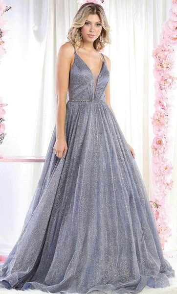 Sophisticated A-line V-neck Plunging Neck Sleeveless Spaghetti Strap Natural Waistline Glittering Illusion Fitted Mesh Floor Length Dress with a Brush/Sweep Train