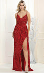 V-neck Natural Waistline Sequined Wrap Goddess Draped Slit Ruched Back Zipper Sheath Spaghetti Strap Sheath Dress/Prom Dress with a Brush/Sweep Train