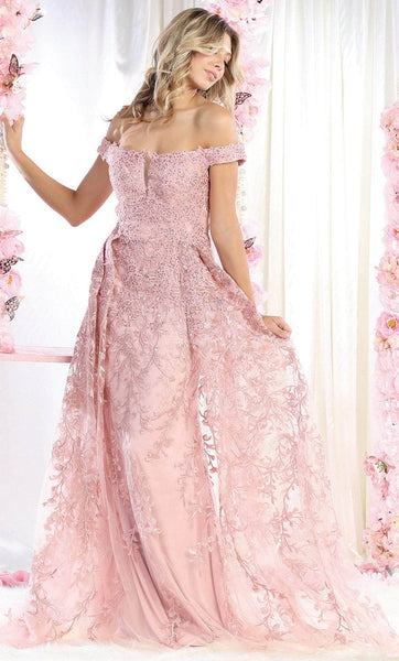 A-line Illusion Embroidered Off the Shoulder Floor Length Natural Waistline Floral Print Evening Dress with a Brush/Sweep Train With Rhinestones