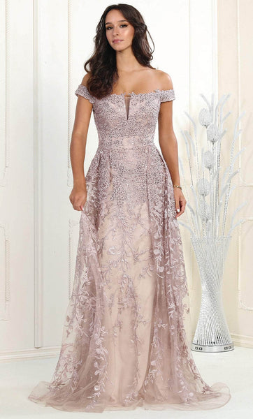 A-line Floral Print Natural Waistline Floor Length Off the Shoulder Illusion Embroidered Evening Dress with a Brush/Sweep Train With Rhinestones