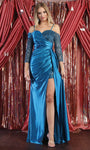 Sexy A-line Off the Shoulder Spaghetti Strap Sweetheart Sequined Slit Natural Waistline Floor Length Evening Dress with a Brush/Sweep Train